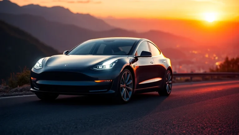 Tesla Model 3 parked on a scenic mountain road at sunset with city skyline in the background