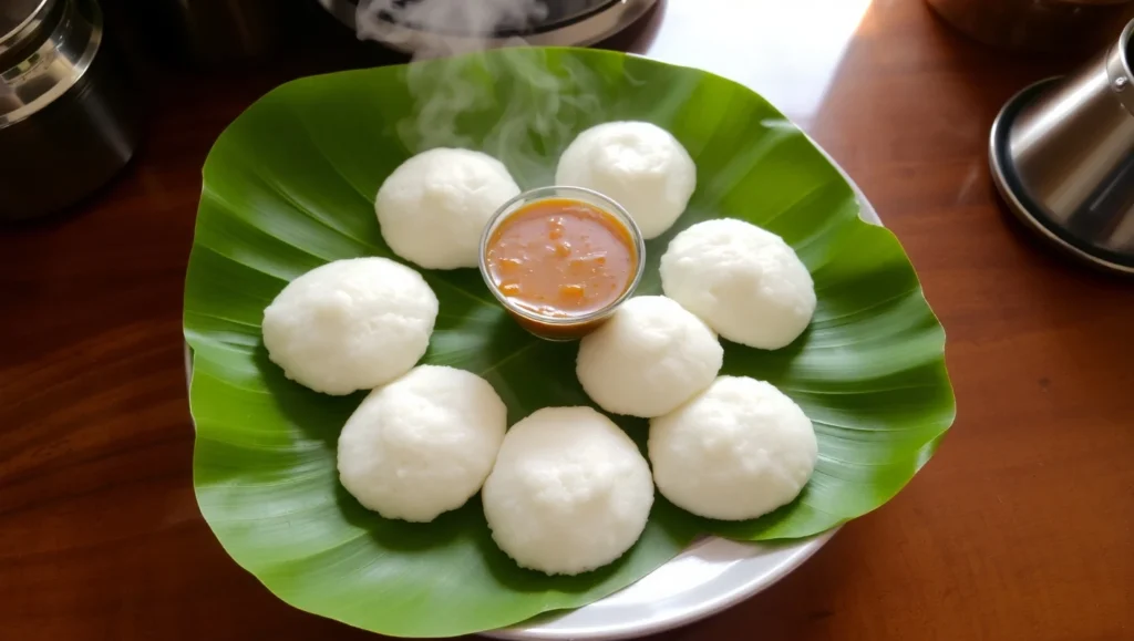 Steel bowl with thick idli and dosa batter beside a traditional stone wet grinder in a South Indian kitchen.