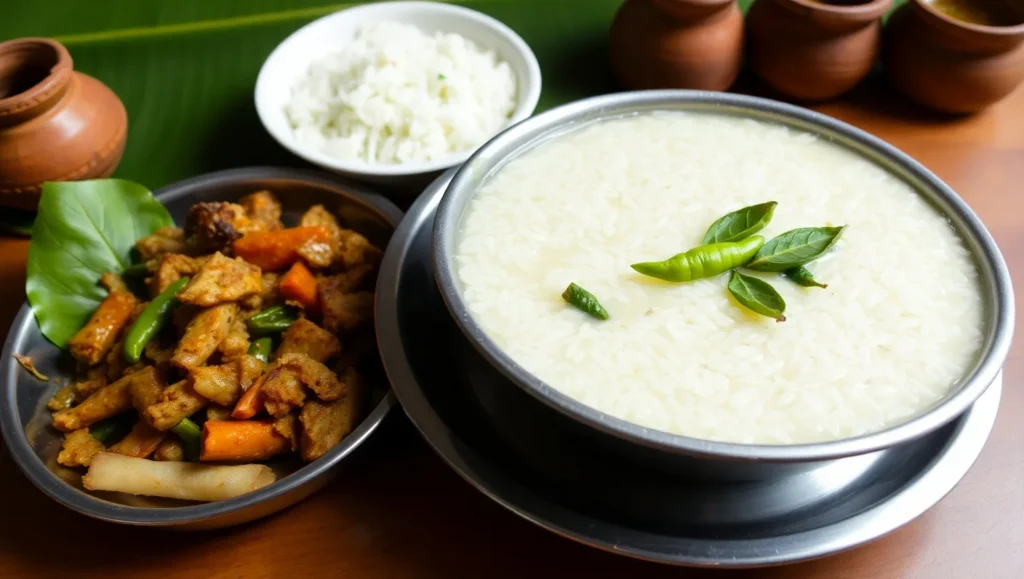 Steel plate containing fermented rice soaked in water (Pakhala Bhaat) garnished with green chili and curry leaves served with fried vegetables.