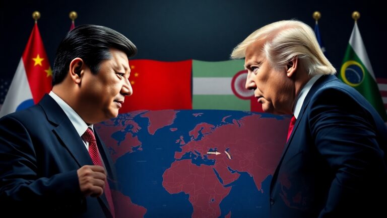 President Xi Jinping and Donald Trump in a symbolic trade standoff with BRICS nation flags in the background, representing escalating global trade tensions in 2025.”