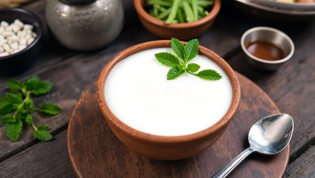 Traditional Indian clay bowl filled with fresh homemade curd garnished with mint leaves.