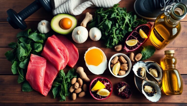 A rustic wooden table displaying testosterone-boosting foods: egg yolk, tuna, avocado, leafy greens, garlic, ginger, pomegranate, Brazil nuts, oysters, and olive oil, with fitness gear in the background.