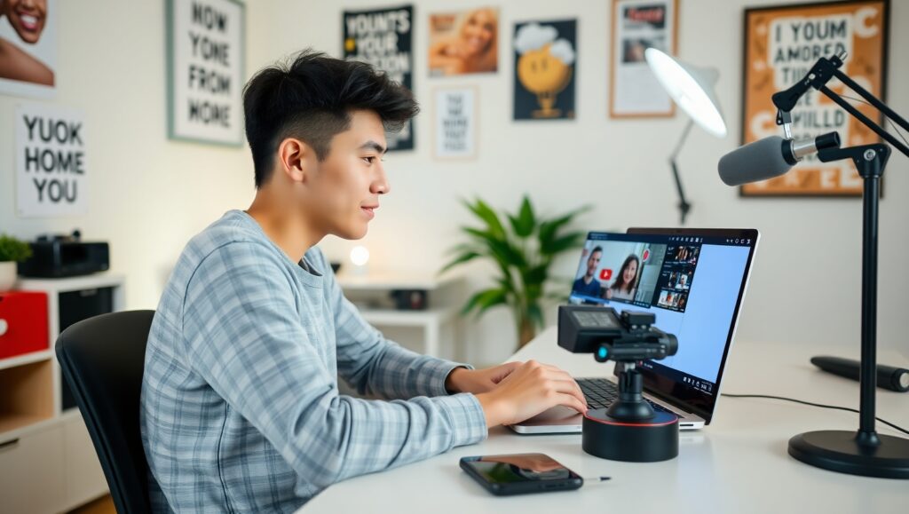 Young YouTuber creating content at home to earn money online in 2025

