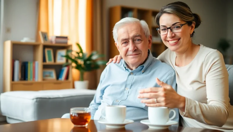 Elderly man with hand tremor receiving support from caregiver at home, symbolizing Parkinson’s disease awareness.
