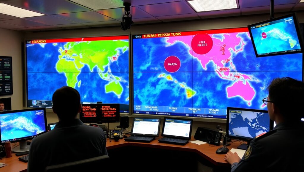 Large tsunami wave approaching a tropical Hawaiian beach under stormy skies.