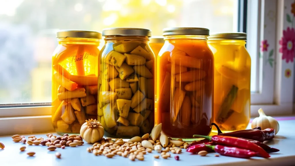 Multiple glass jars filled with colorful Indian pickles like mango, lemon, and garlic, placed on a sunlit windowsill.
