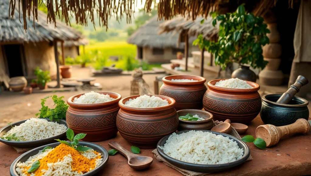  Tribal clay pots filled with Handia, a traditional fermented rice drink, placed on a wooden surface with herbs and rice.