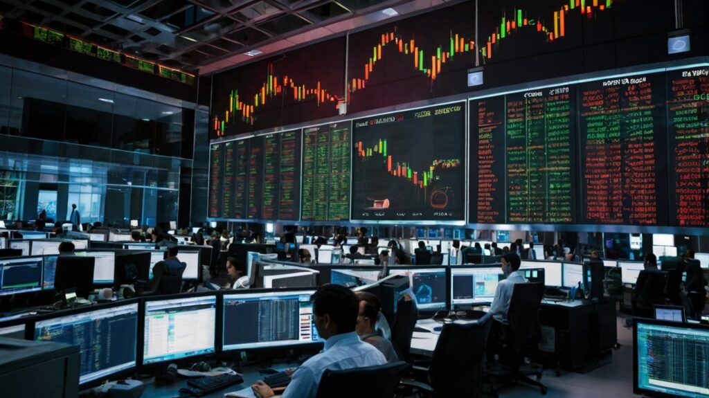 Stock traders monitor market data as Sensex drops 200 points and Nifty trades flat amid global trade uncertainty on July 4, 2025.