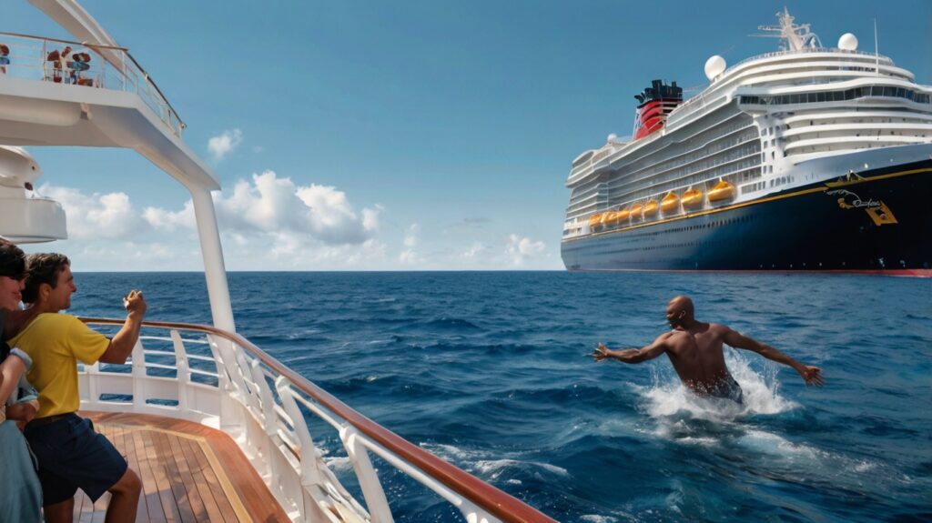 A heroic moment as a father jumps into the ocean from a Disney cruise ship to rescue his young daughter who accidentally fell overboard. The scene shows a rescue boat approaching, passengers watching from the deck, and the vast blue sea under a bright sunny sky.