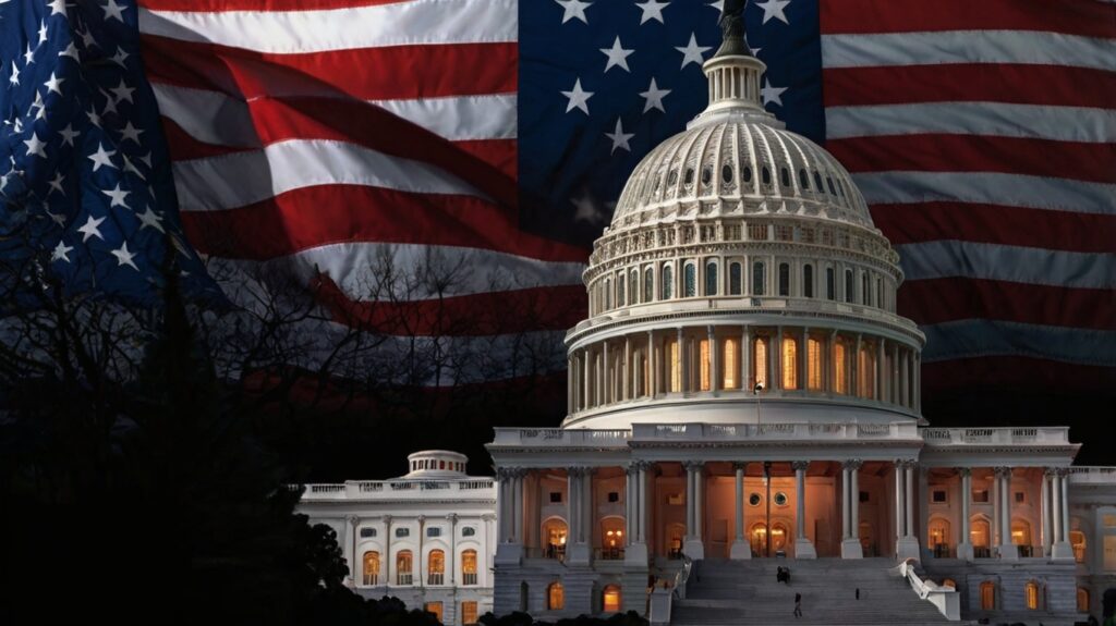 Illustration of the US Capitol building at night with American flag, silhouettes of debating politicians inside, and images of Donald Trump and House Speaker Mike Johnson in a side frame. Breaking news banner displays 'House Passes Controversial GOP Megabill.