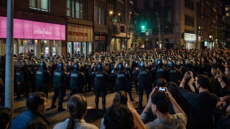 Illustration showing symbolic figures in the sky with conflict imagery below, representing a controversial satirical artwork that led to detentions in Turkey