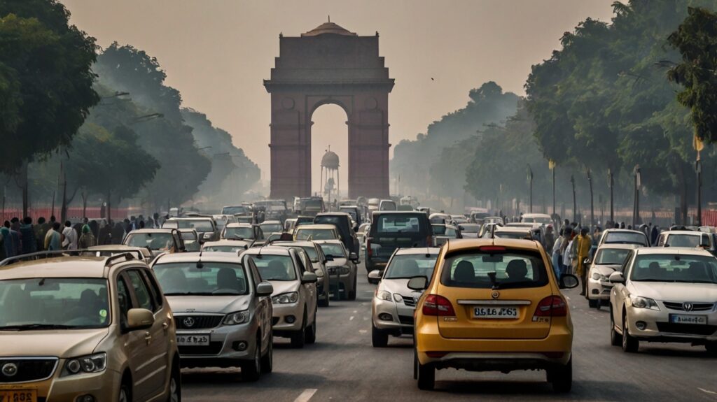 Delhi traffic with old and new vehicles on a congested road, light air pollution visible, and India Gate in the background. News headline overlay reads ‘Delhi's New Pollution Policy 2025’ highlighting government’s decision against scrapping old vehicles.