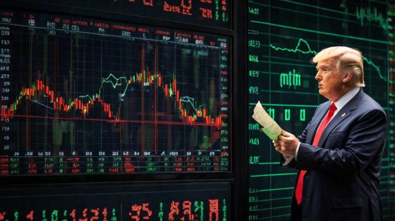 Illustration depicting global trade tensions with a countdown to new U.S. tariffs led by former President Donald Trump. A world map highlights key trading nations, with financial graphs and a July 9 deadline clock in view.