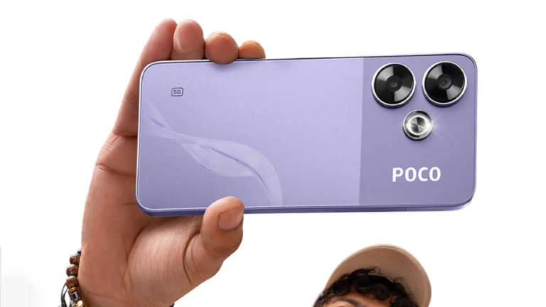 Poco M6 Plus smartphone showcasing its sleek design and vibrant AMOLED display.