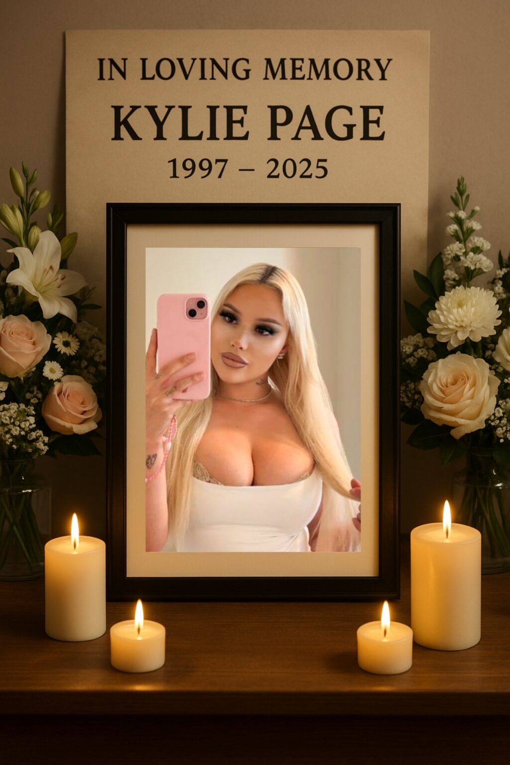 Image showing a softly lit memorial setup with a framed photo of Kylie Page, surrounded by flowers and candles, with a banner reading “In Loving Memory”