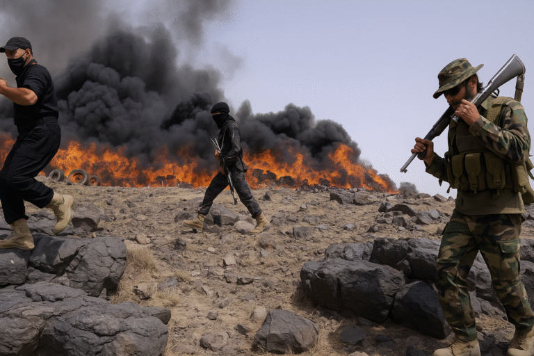 Three armed soldiers walk across rocky terrain with a massive wall of fire and thick black smoke billowing behind them during a conflict operation.