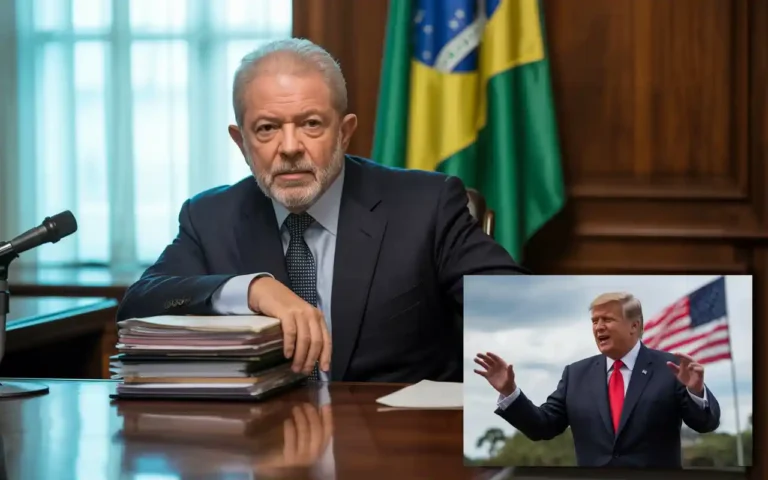 Brazilian President Lula addresses the nation on trade tariffs as former US President Donald Trump speaks at a rally in a split-screen news broadcast.