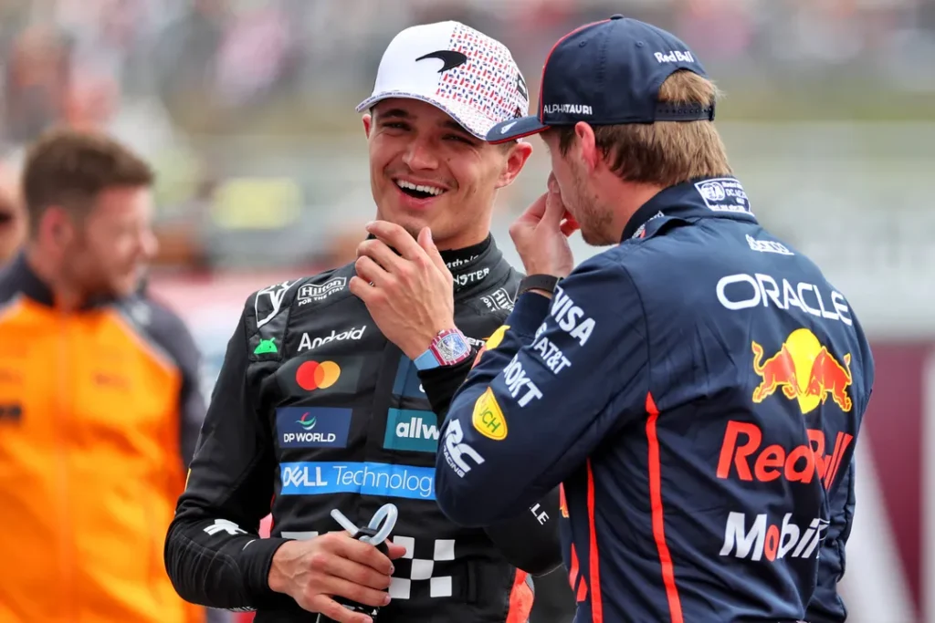 Lando Norris celebrates British Grand Prix win in the rain as Verstappen walks away from Red Bull car and Piastri looks disappointed on a soaked Silverstone track.