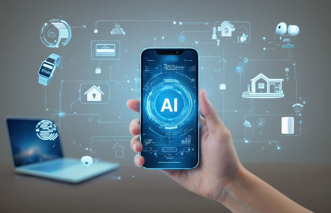 Create a realistic image of a person's hand holding a futuristic smartphone that displays holographic AI interfaces connecting to various smart devices in the background, including a smartwatch, smart home system, wireless earbuds, and a laptop, with soft blue lighting representing technology integration and innovation.