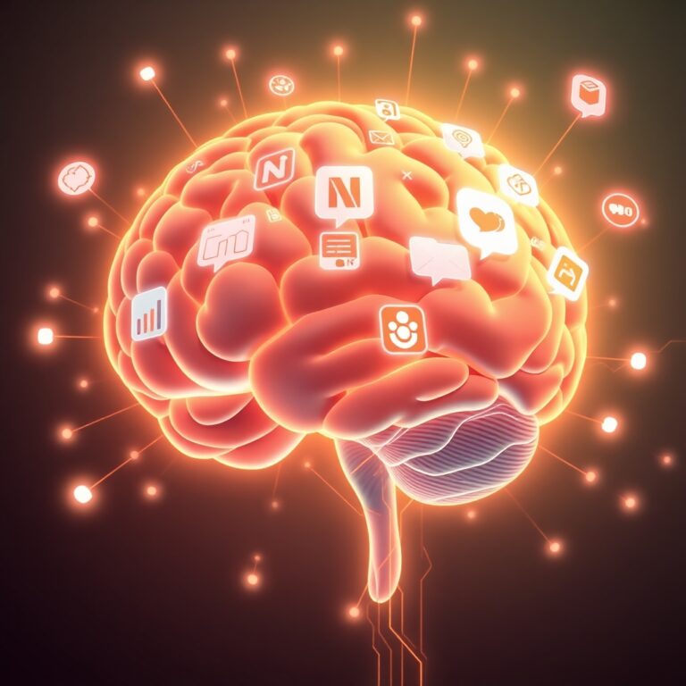 Illustration of a human brain surrounded by digital tools like Notion and ChatGPT icons, representing AI-assisted thinking and writing.