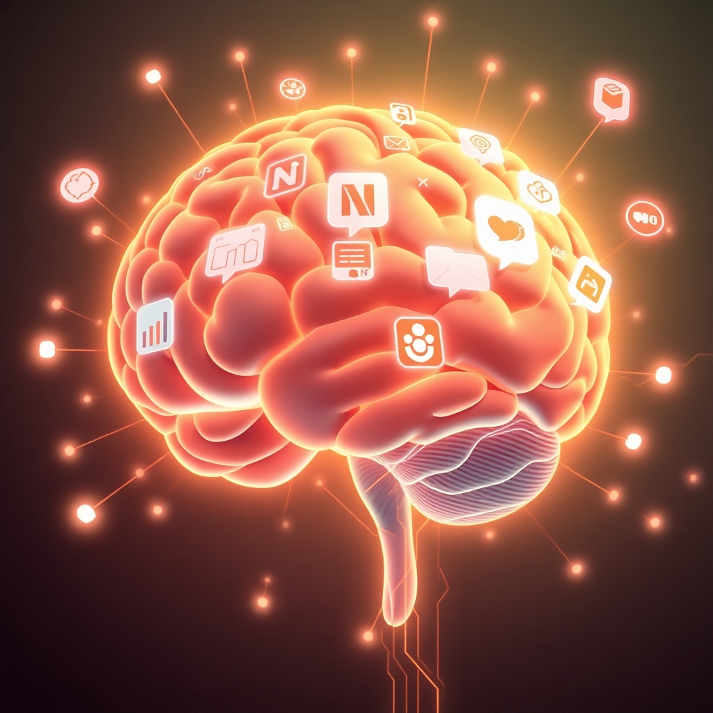 Illustration of a human brain surrounded by digital tools like Notion and ChatGPT icons, representing AI-assisted thinking and writing.